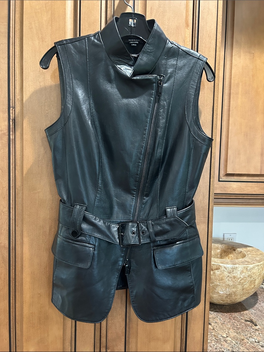 Worth Black Sleeveless Leather Belted Vest